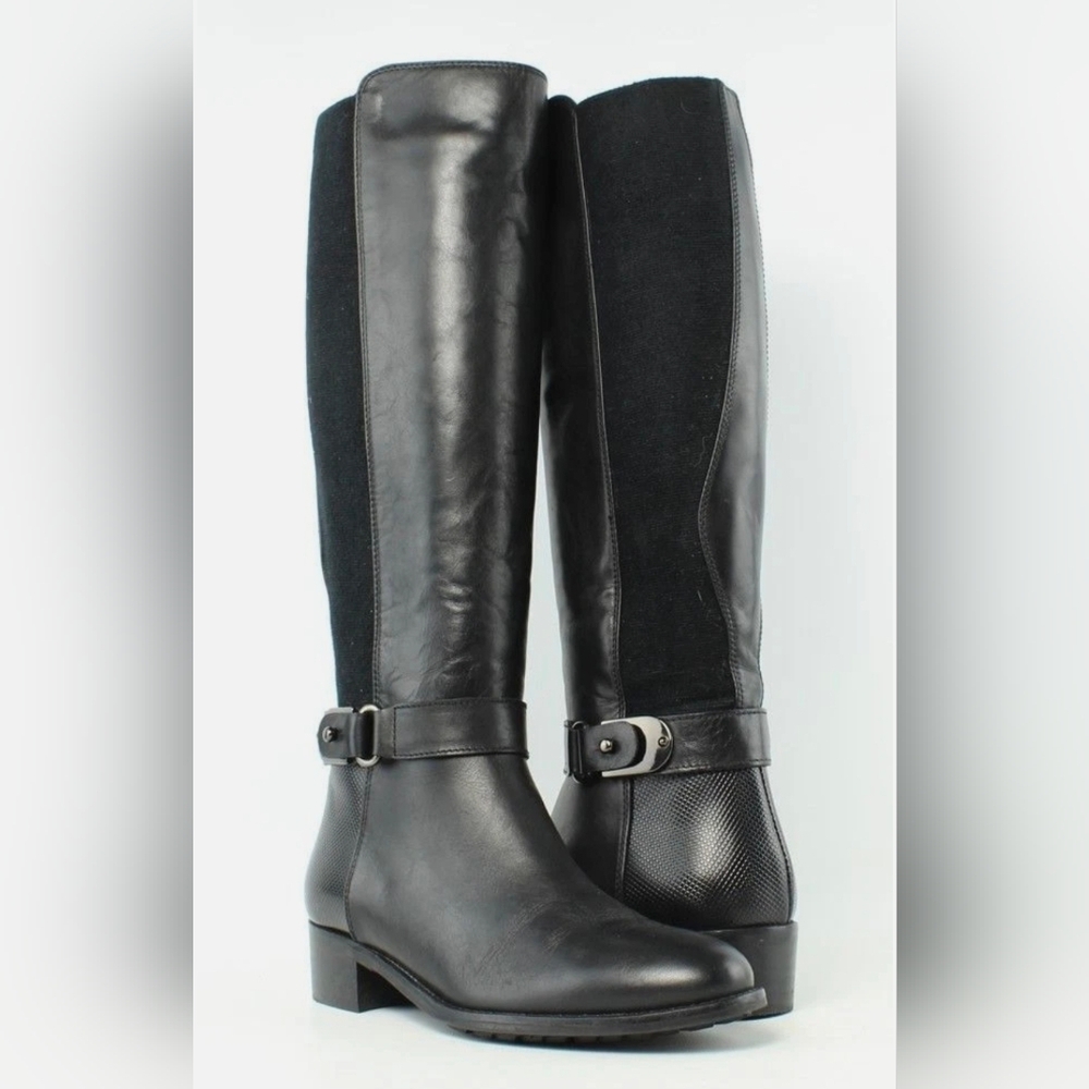 Aquatalia Black Leather and Suede Knee-High Heeled Boots